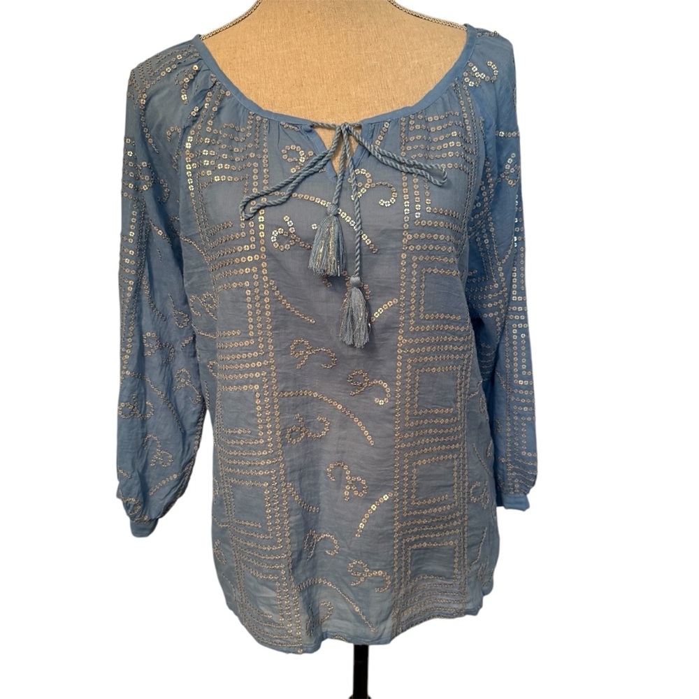 OLIPHANT TUNIC TOP BLOUSE BLUE COTTON SILVER SEQUINS SIZE XS KEYHOLE NECK TIE